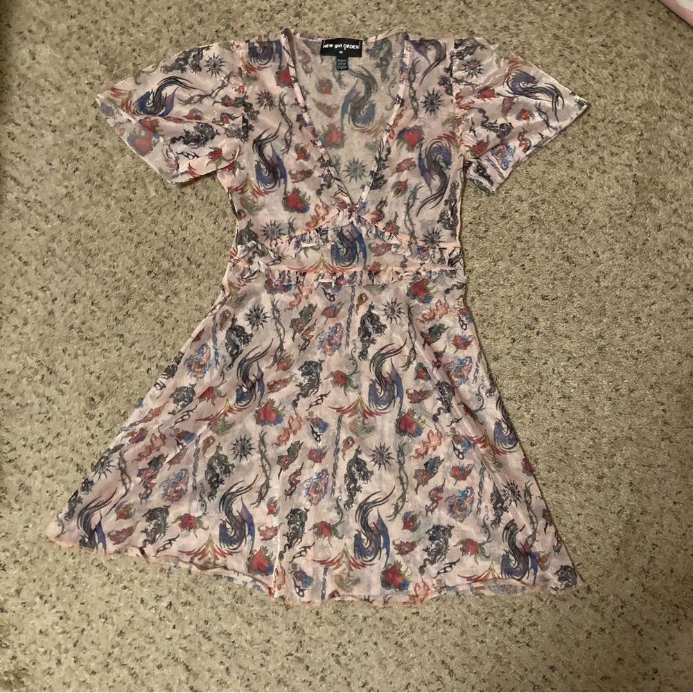 New Girl Order Dolls Kill 90s sheer tattoo print New School metallic mini dress